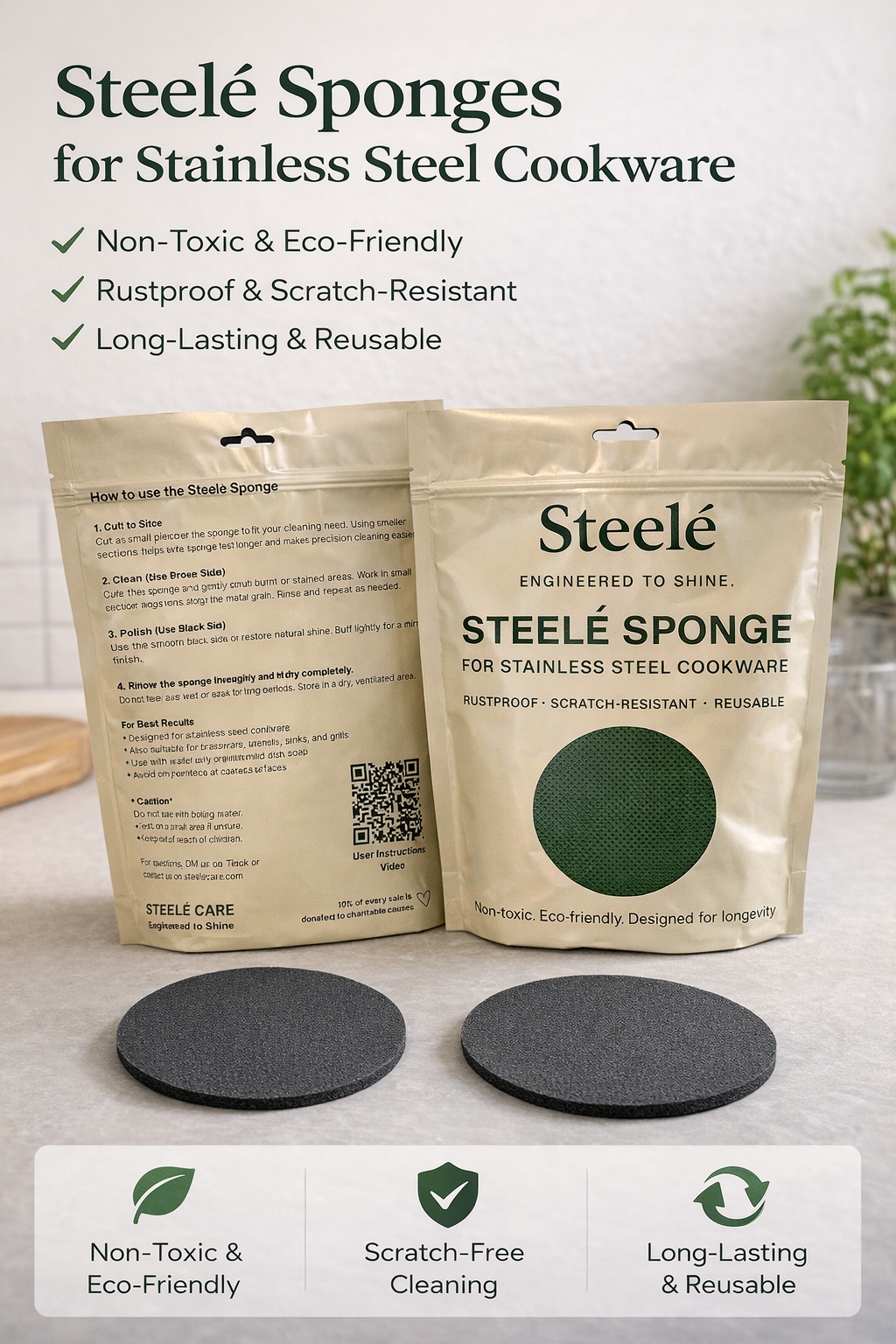 Steelé Sponge for Stainless Steel Cookware (3-Pack or 6-Pack)