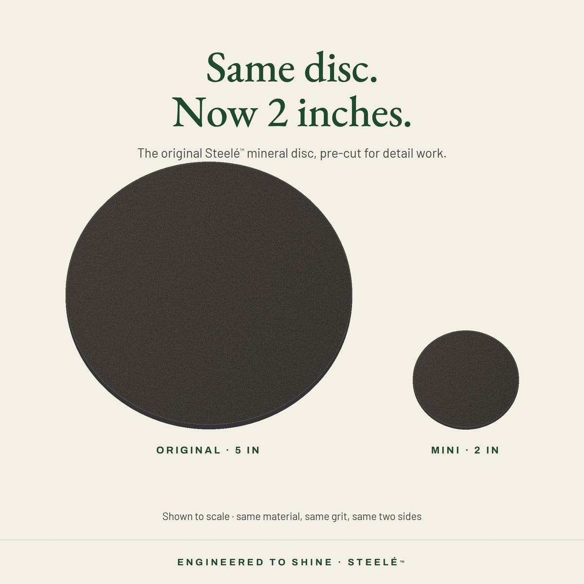 Size comparison: the original 5 inch Steelé disc beside the 2 inch Mini