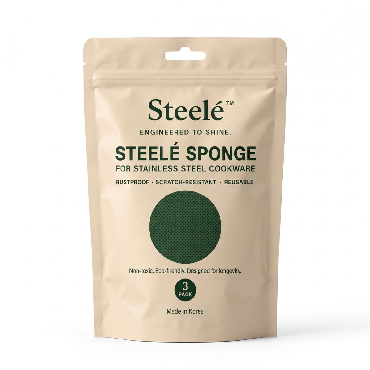 Steelé 3-pack resealable kraft pouch, front of pack, mineral cleaning discs for stainless steel